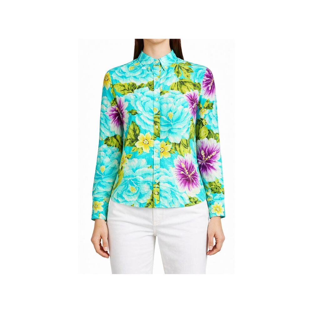 Jones NY Top Womens Size M Blue Floral Lightweight Long Sleeve Roll Tab Turquois